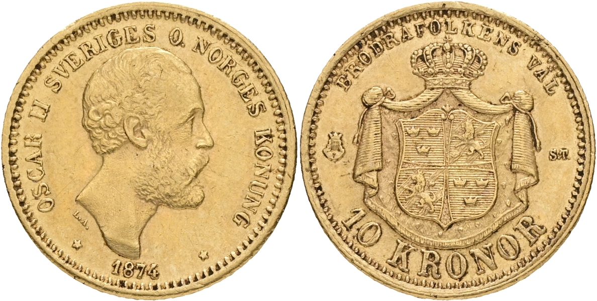 OSKAR II (1872-1907). 10 kronor 1874.
