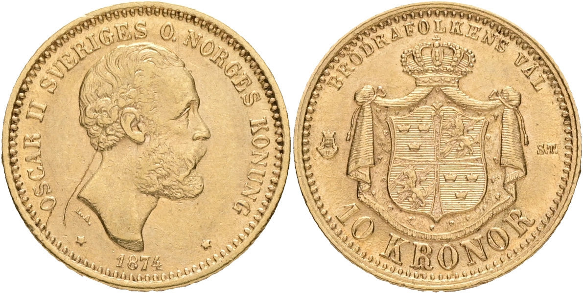 OSKAR II (1872-1907). 10 kronor 1874.