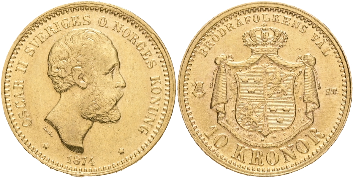 OSKAR II (1872-1907). 10 kronor 1874.