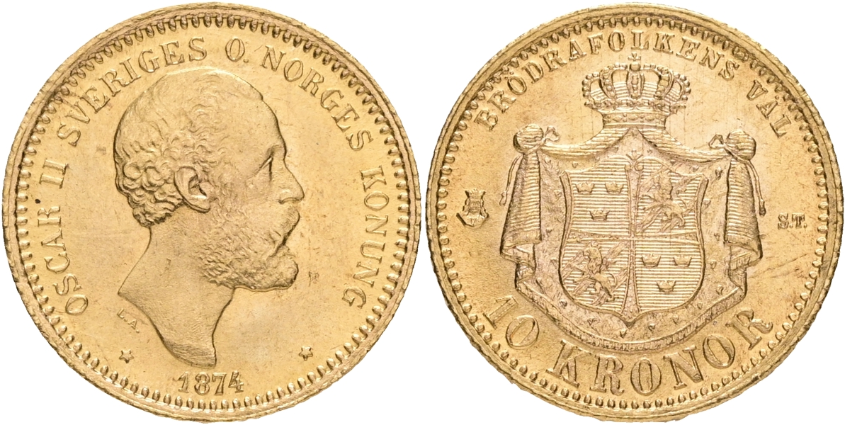 OSKAR II (1872-1907). 10 kronor 1874.