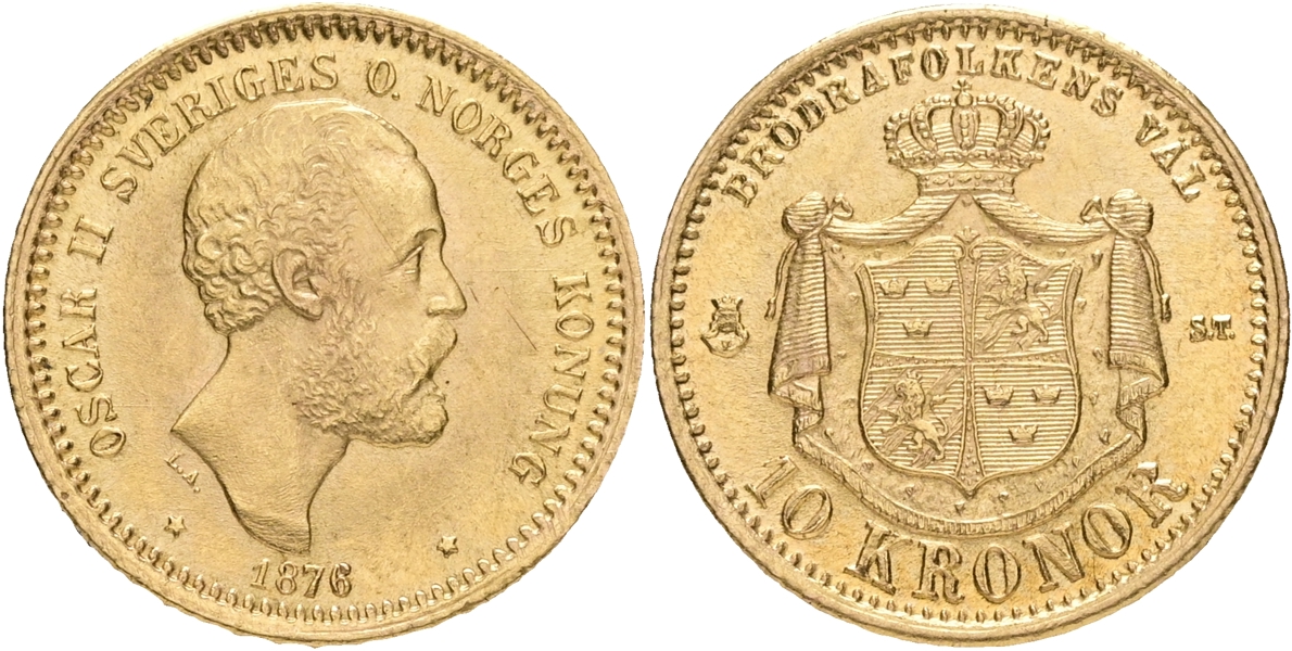 OSKAR II (1872-1907). 10 kronor 1876.