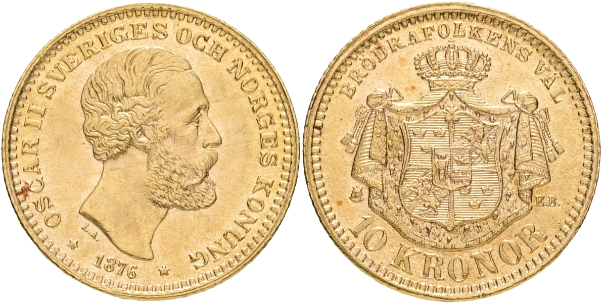 OSKAR II (1872-1907). 10 kronor 1876.