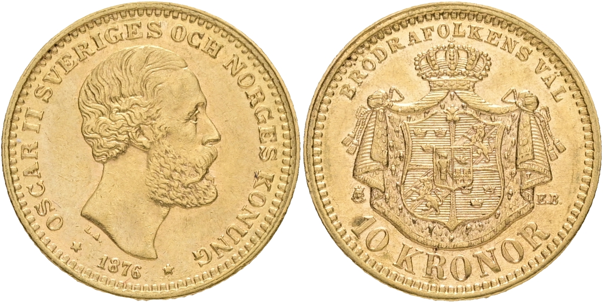 OSKAR II (1872-1907). 10 kronor 1876.