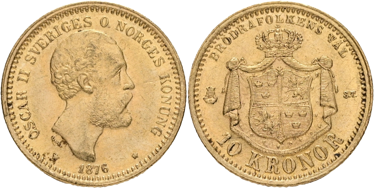 OSKAR II (1872-1907). 10 kronor 1876.