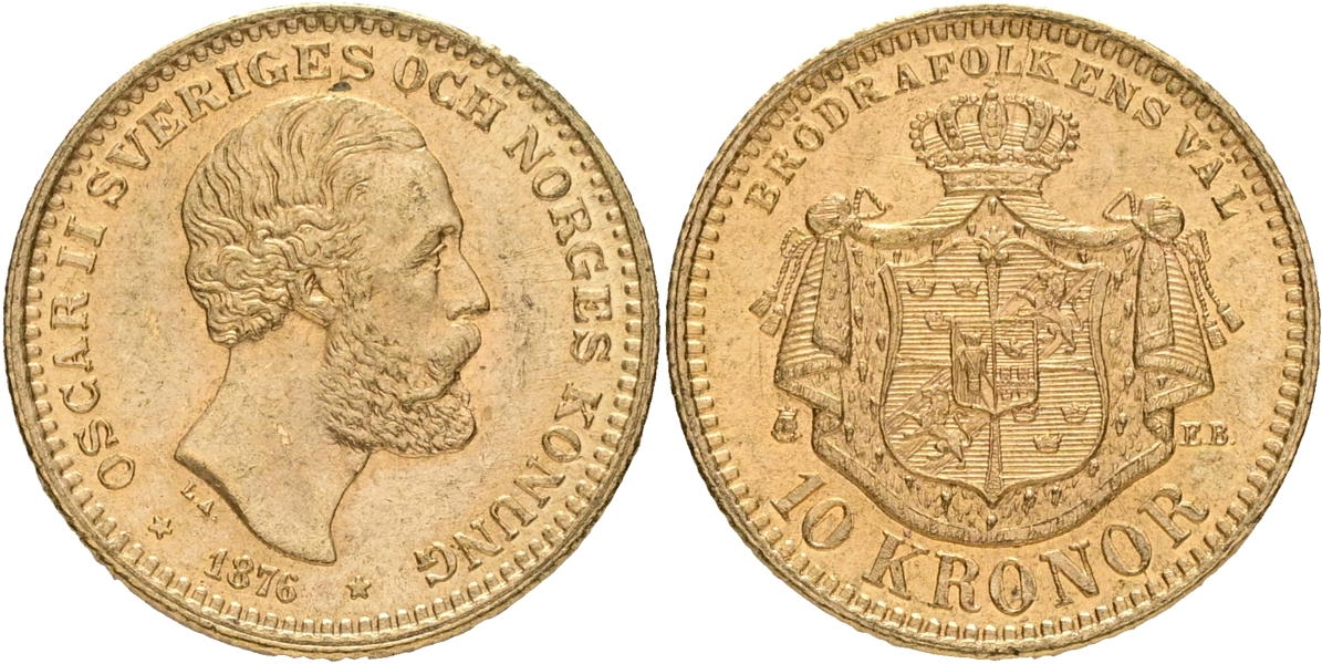OSKAR II (1872-1907). 10 kronor 1876.