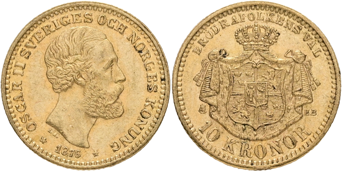OSKAR II (1872-1907). 10 kronor 1876.