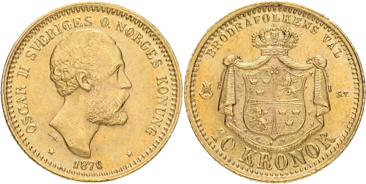 OSKAR II (1872-1907). 10 kronor 1876.