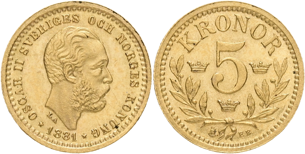 OSKAR II (1872-1907). 5 kronor 1881.