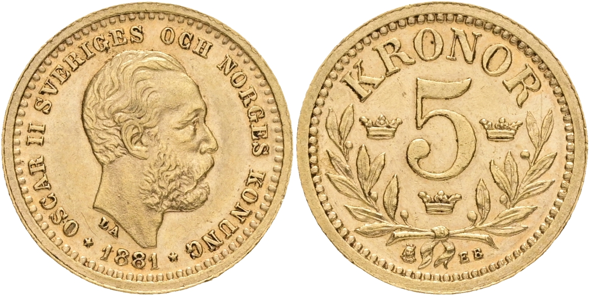 OSKAR II (1872-1907). 5 kronor 1881.