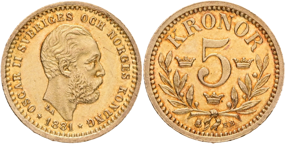 OSKAR II (1872-1907). 5 kronor 1881.