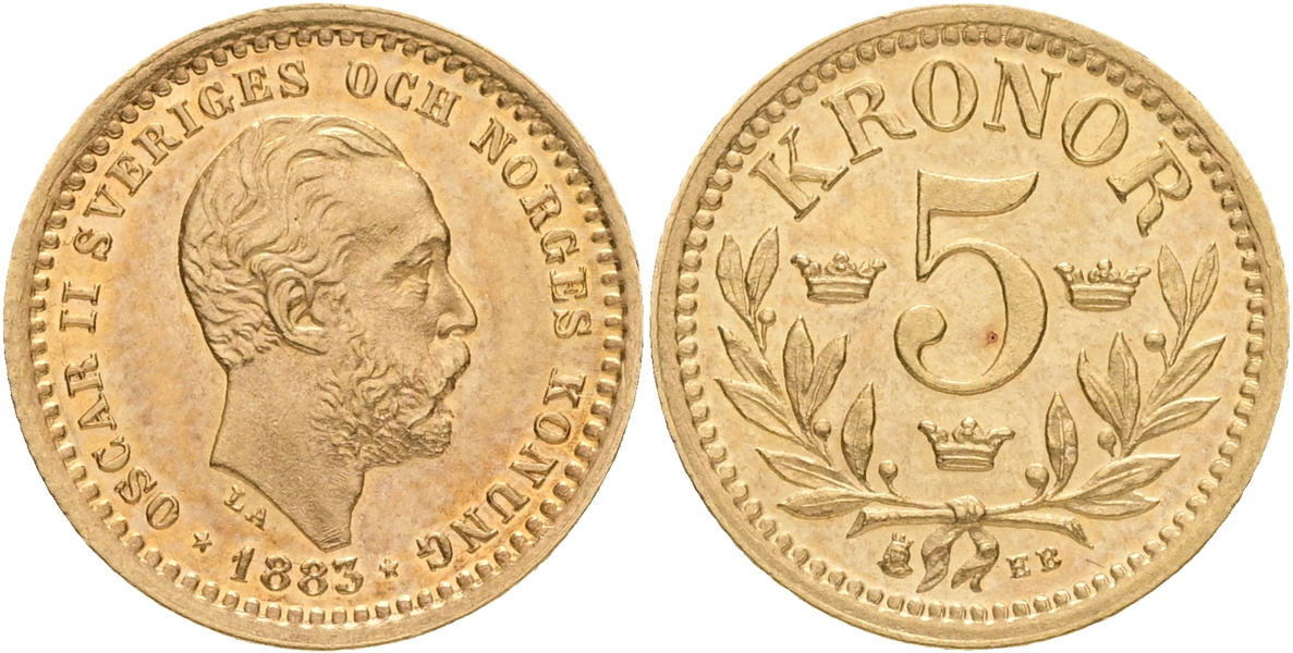 OSKAR II (1872-1907). 5 kronor 1883.