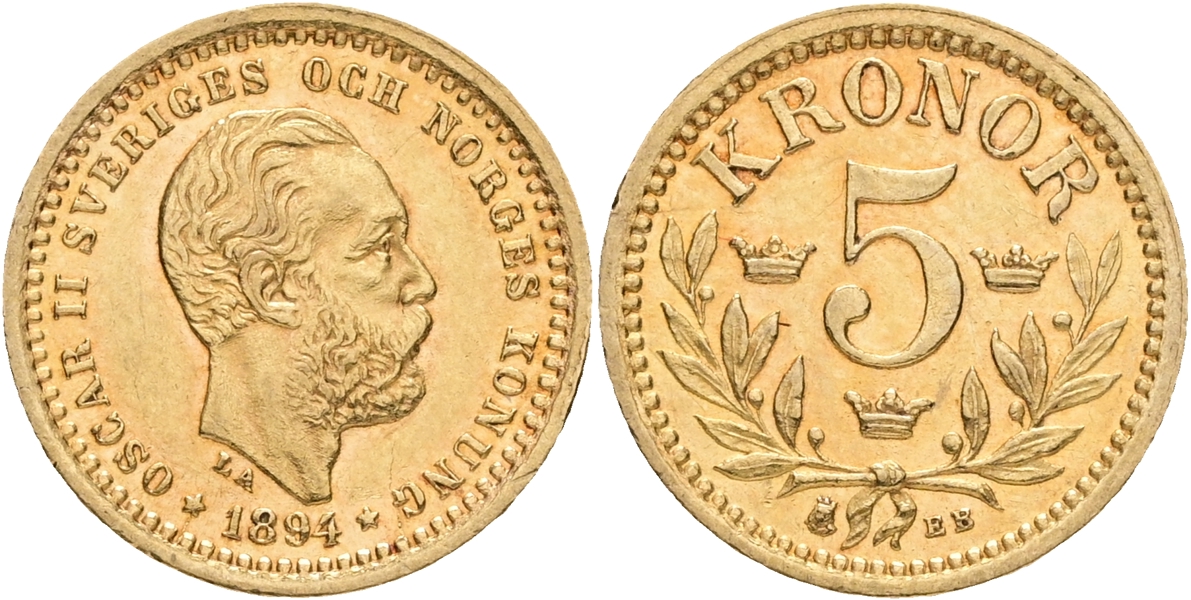 OSKAR II (1872-1907). 5 kronor 1894.