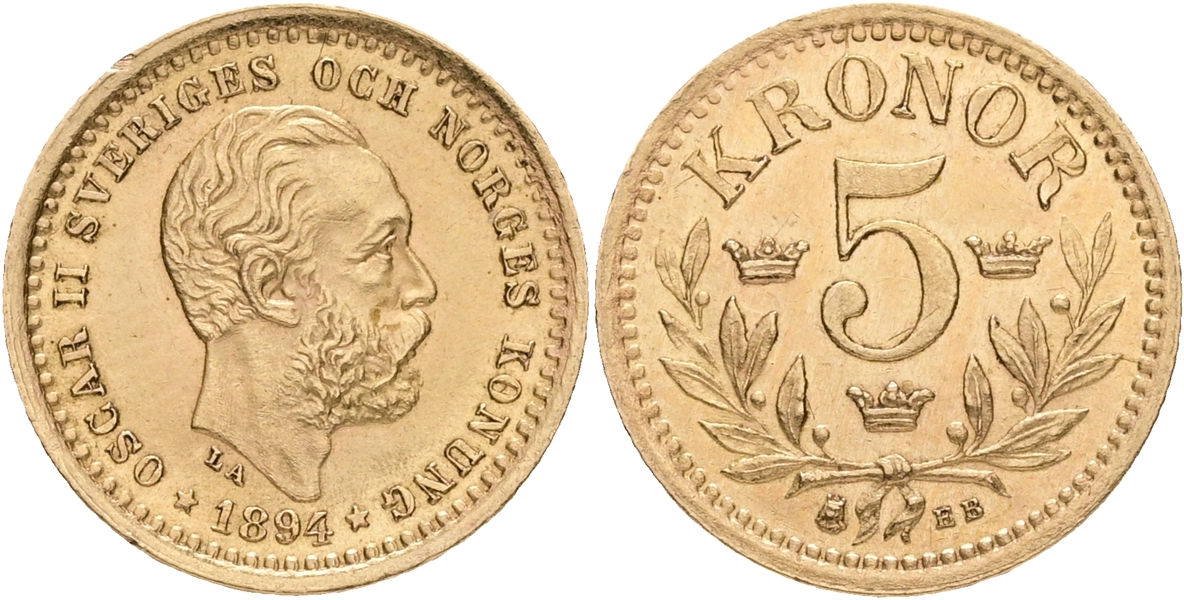 OSKAR II (1872-1907). 5 kronor 1894.