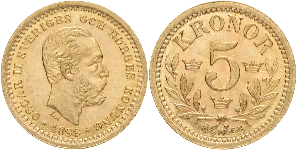 OSKAR II (1872-1907). 5 kronor 1899.