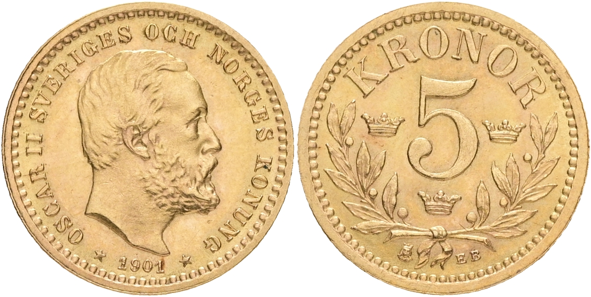 OSKAR II (1872-1907). 5 kronor 1901.