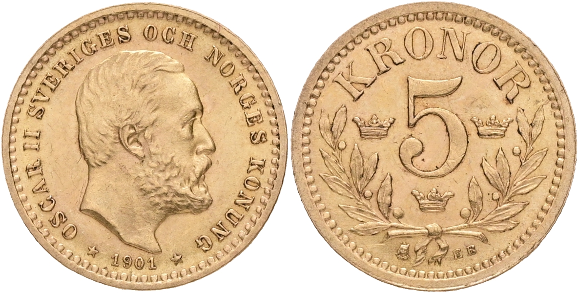 OSKAR II (1872-1907). 5 kronor 1901.