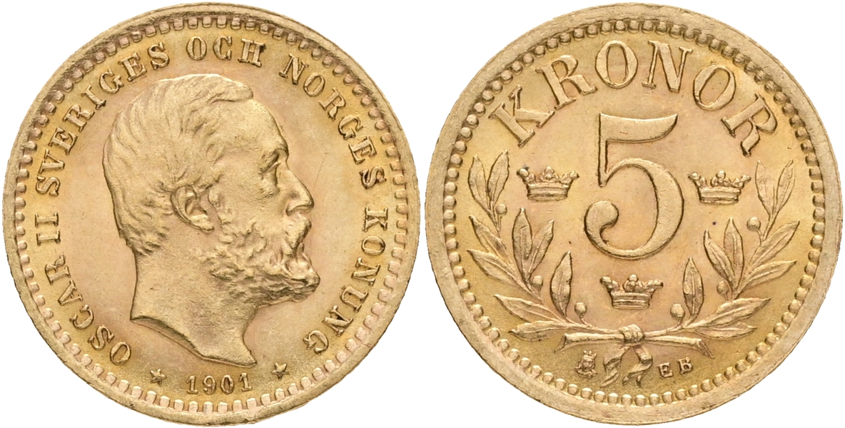 OSKAR II (1872-1907). 5 kronor 1901.