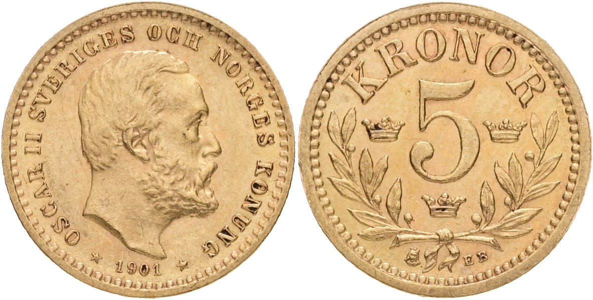 OSKAR II (1872-1907). 5 kronor 1901.