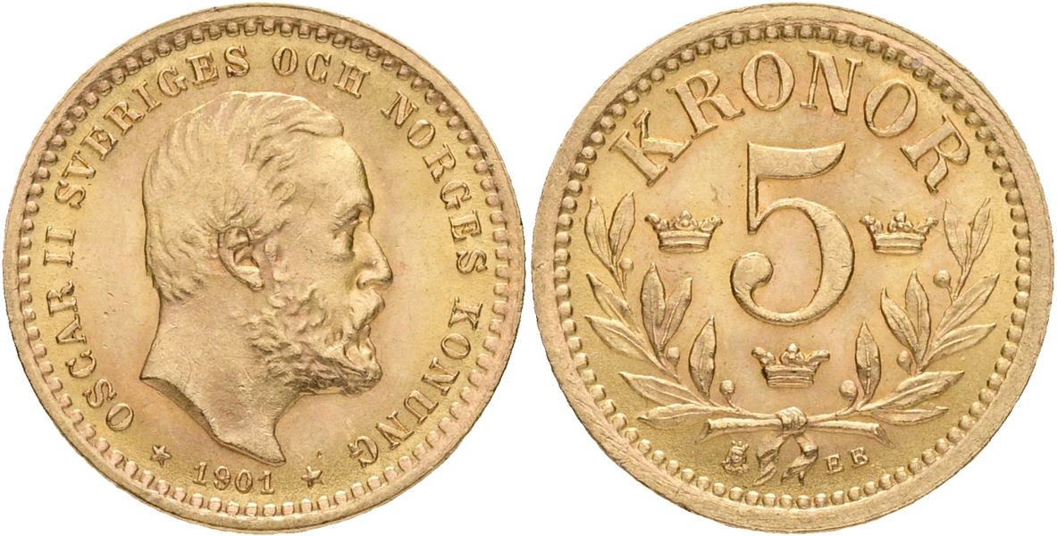 OSKAR II (1872-1907). 5 kronor 1901.