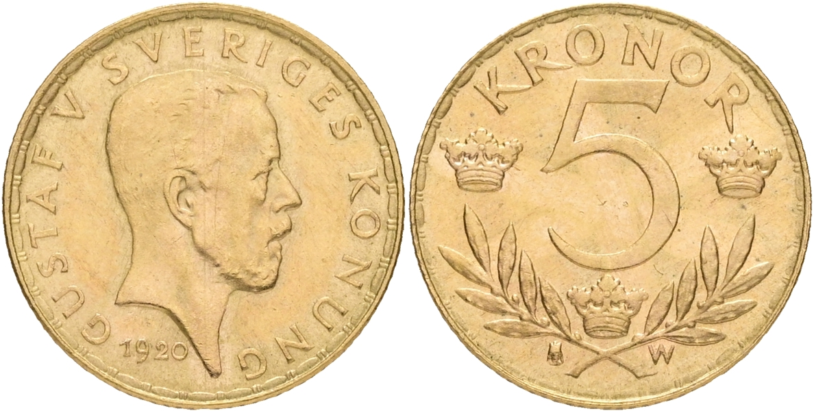 GUSTAV V (1907-1950). 5 kronor 1920.