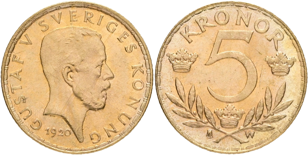 GUSTAV V (1907-1950). 5 kronor 1920.