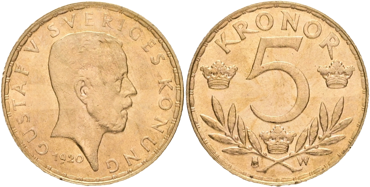 GUSTAV V (1907-1950). 5 kronor 1920.