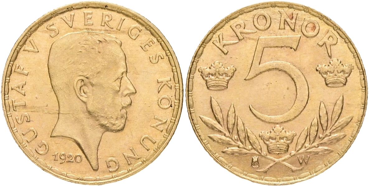 GUSTAV V (1907-1950). 5 kronor 1920.