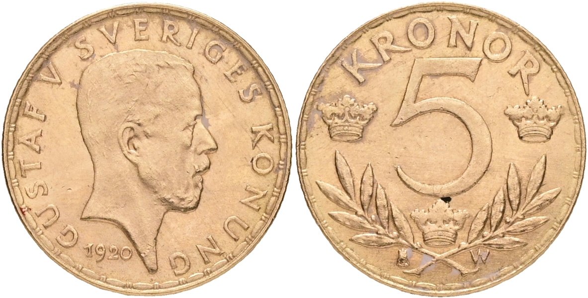 GUSTAV V (1907-1950). 5 kronor 1920.