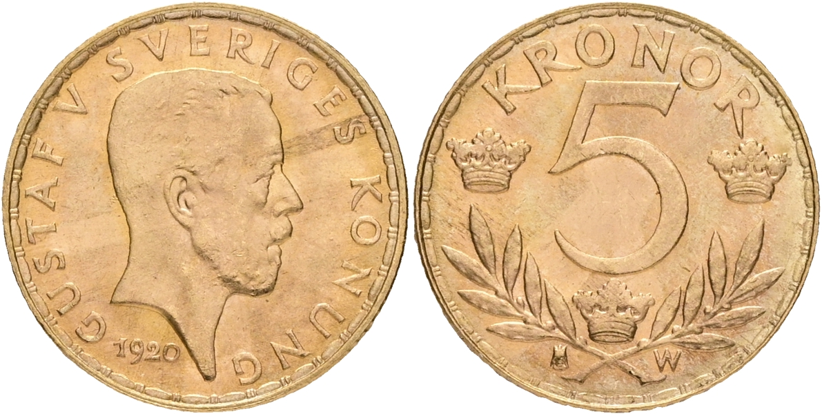 GUSTAV V (1907-1950). 5 kronor 1920.