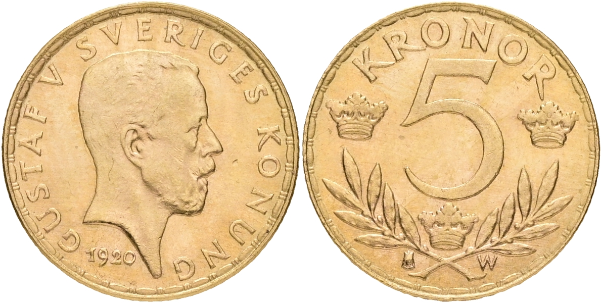 GUSTAV V (1907-1950). 5 kronor 1920.