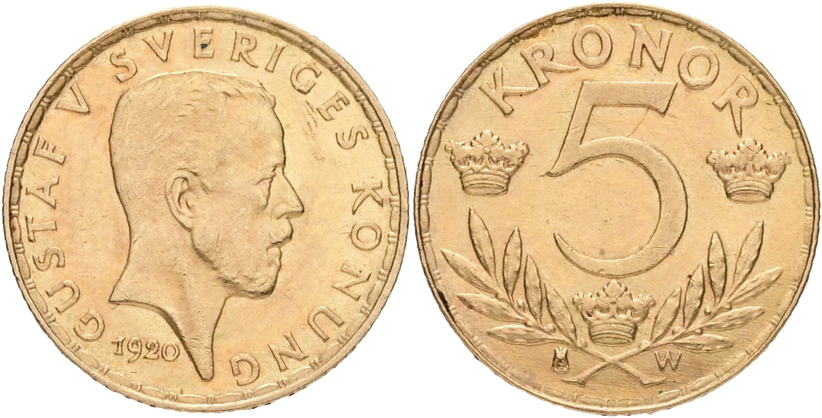 GUSTAV V (1907-1950). 5 kronor 1920.