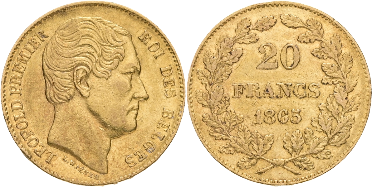 BELGIEN / BELGIUM. 20 francs 1865.