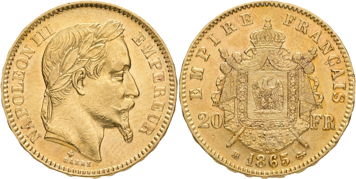 FRANKRIKE / FRANCE. 20 francs 1865.
