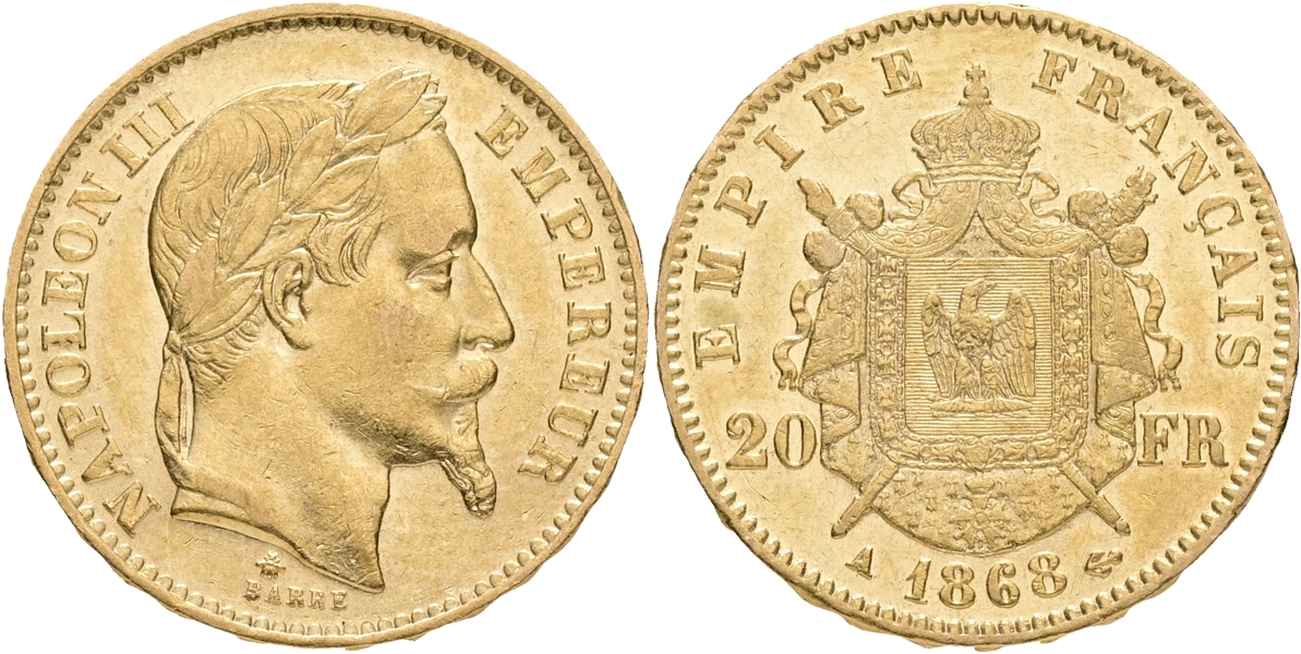 FRANKRIKE / FRANCE. 20 francs 1868.