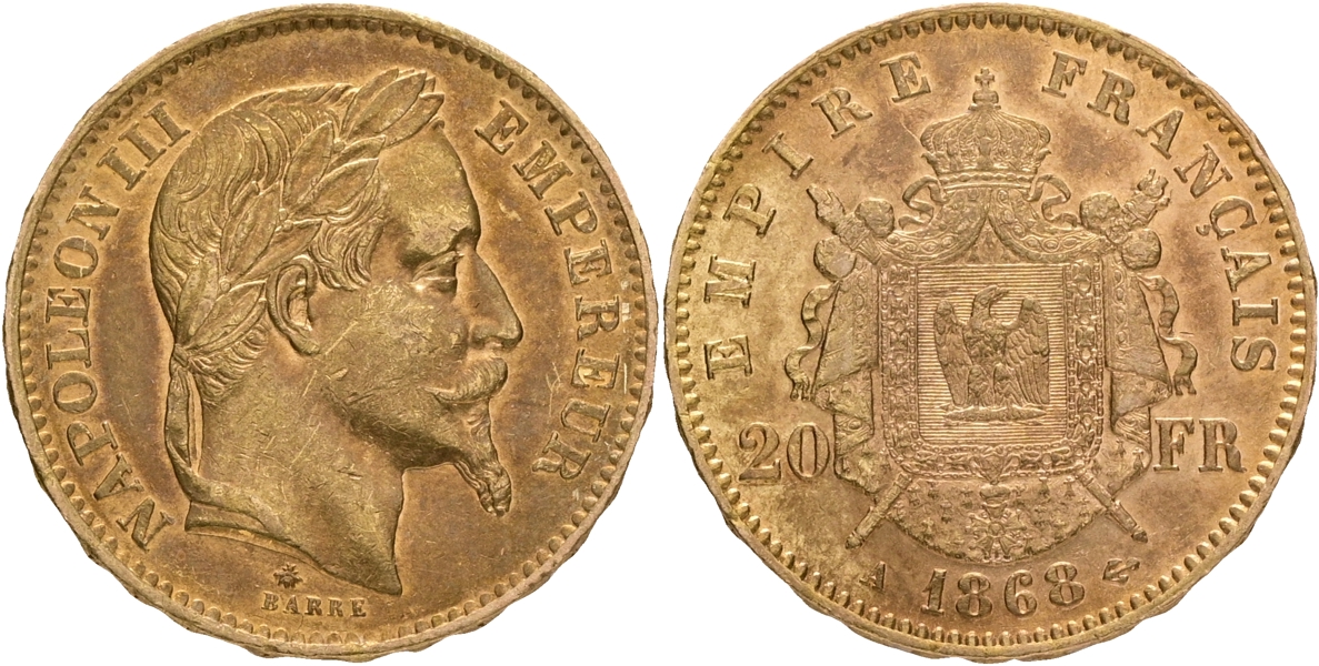 FRANKRIKE / FRANCE. 20 francs 1868.