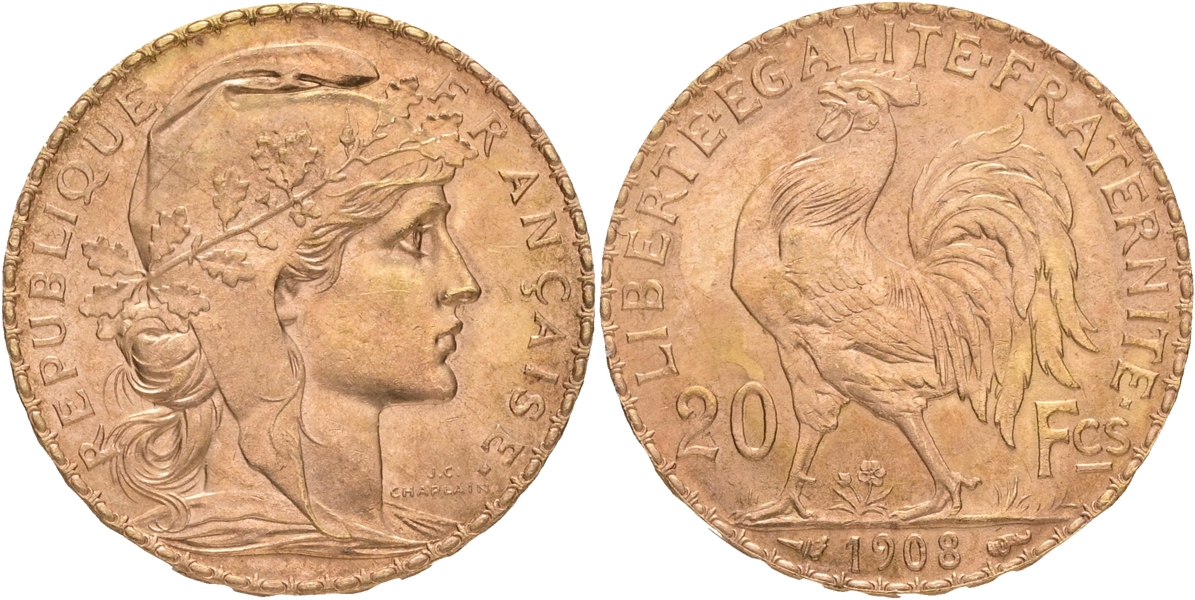 FRANKRIKE / FRANCE. 20 francs 1908.