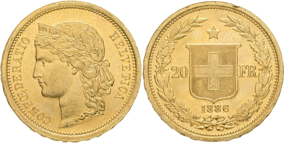 SCHWEIZ / SWITZERLAND. 20 francs 1886.