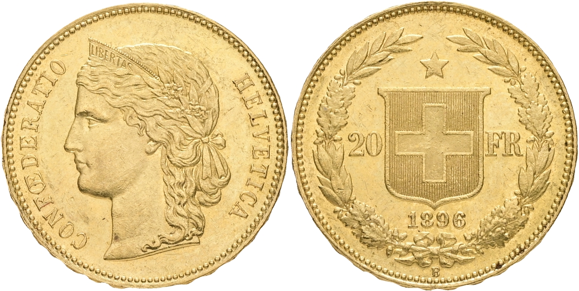 SCHWEIZ / SWITZERLAND. 20 francs 1896.