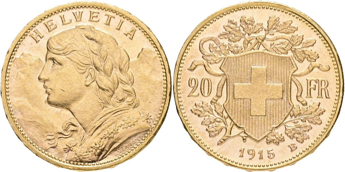 SCHWEIZ / SWITZERLAND. 20 francs 1915.