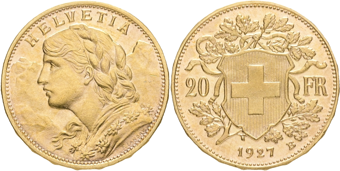 SCHWEIZ / SWITZERLAND. 20 francs 1927.