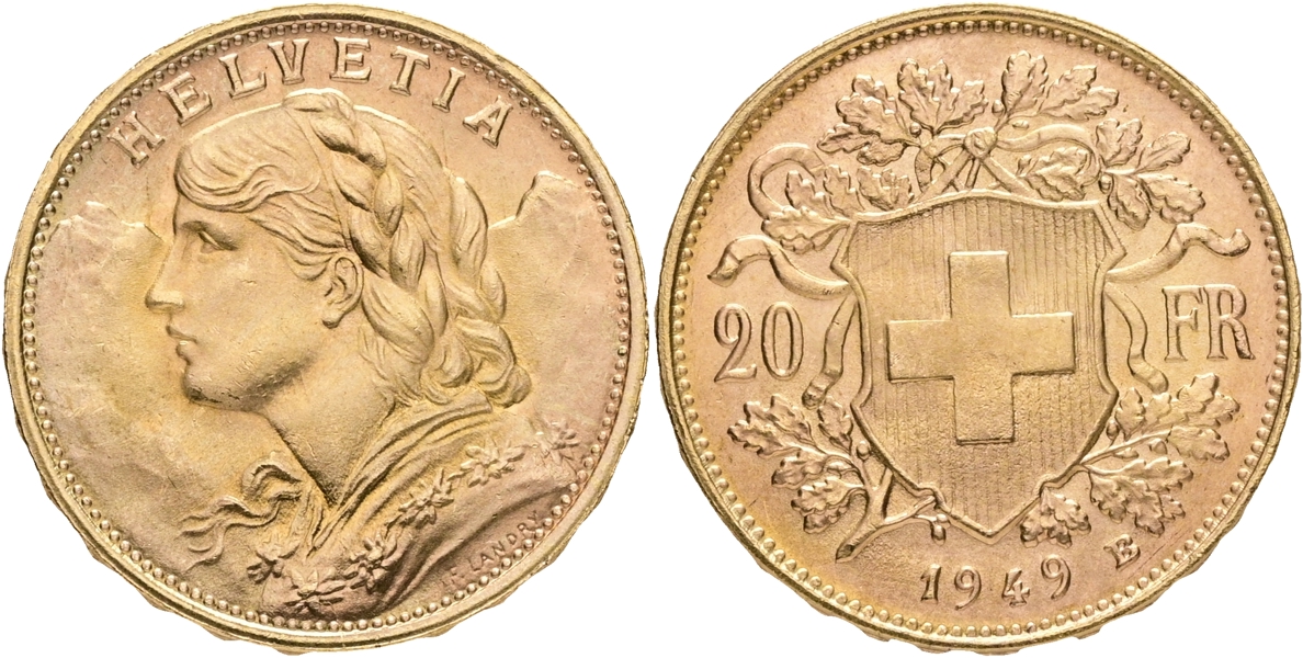 SCHWEIZ / SWITZERLAND. 20 francs 1949.