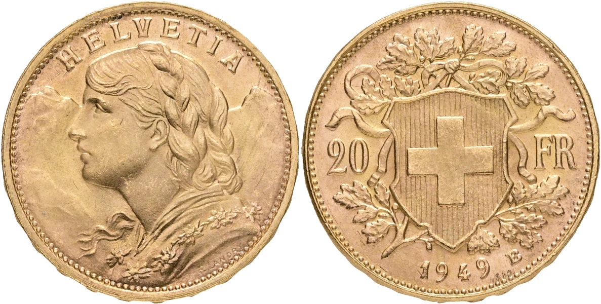 SCHWEIZ / SWITZERLAND. 20 francs 1949.