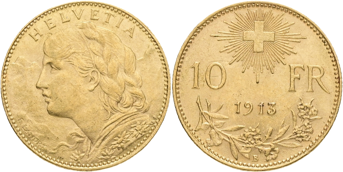 SCHWEIZ / SWITZERLAND. 10 francs 1913.