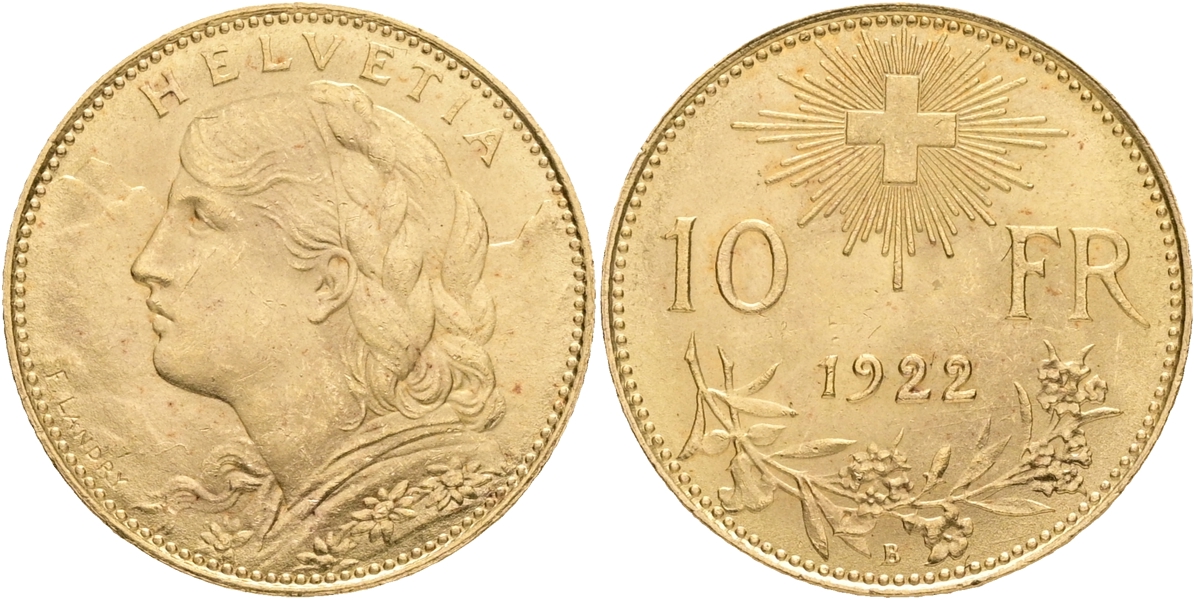 SCHWEIZ / SWITZERLAND. 10 francs 1922.