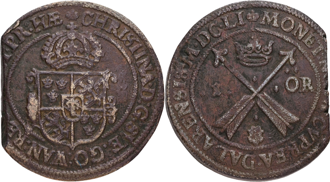KRISTINA (1632-1654). Öre 1651.
