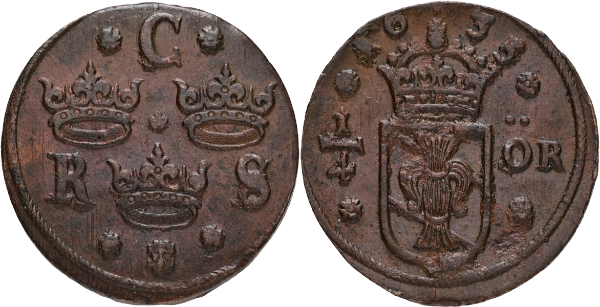 KRISTINA (1632-1654). 1/4 öre 1635.