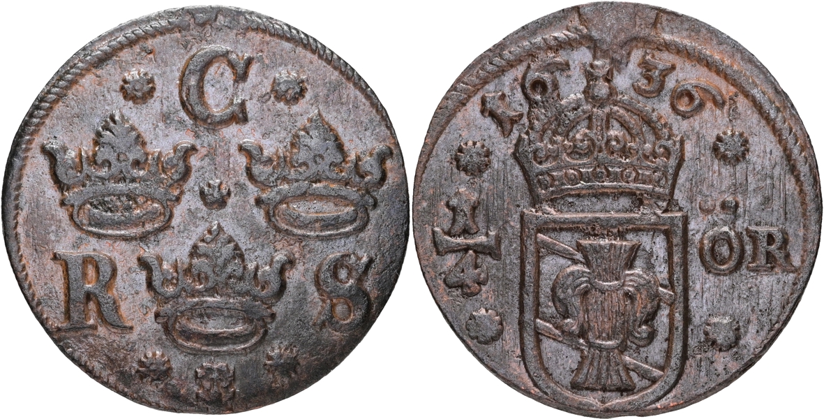 KRISTINA (1632-1654). 1/4 öre 1636.