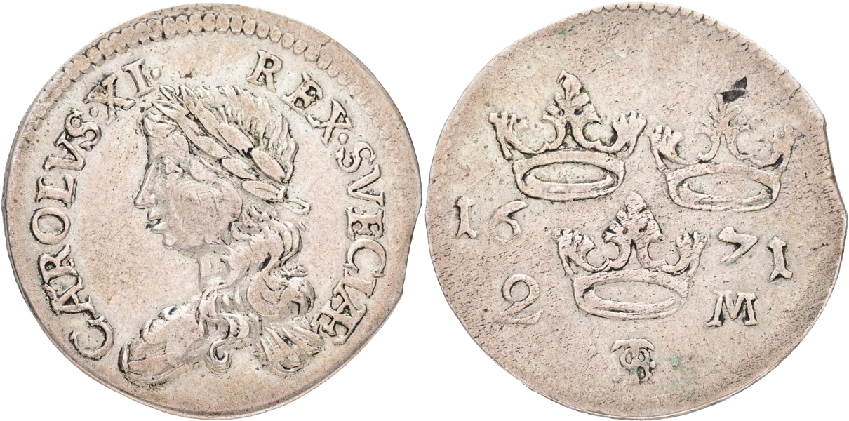 KARL XI (1660-1697). 2 mark 1671.