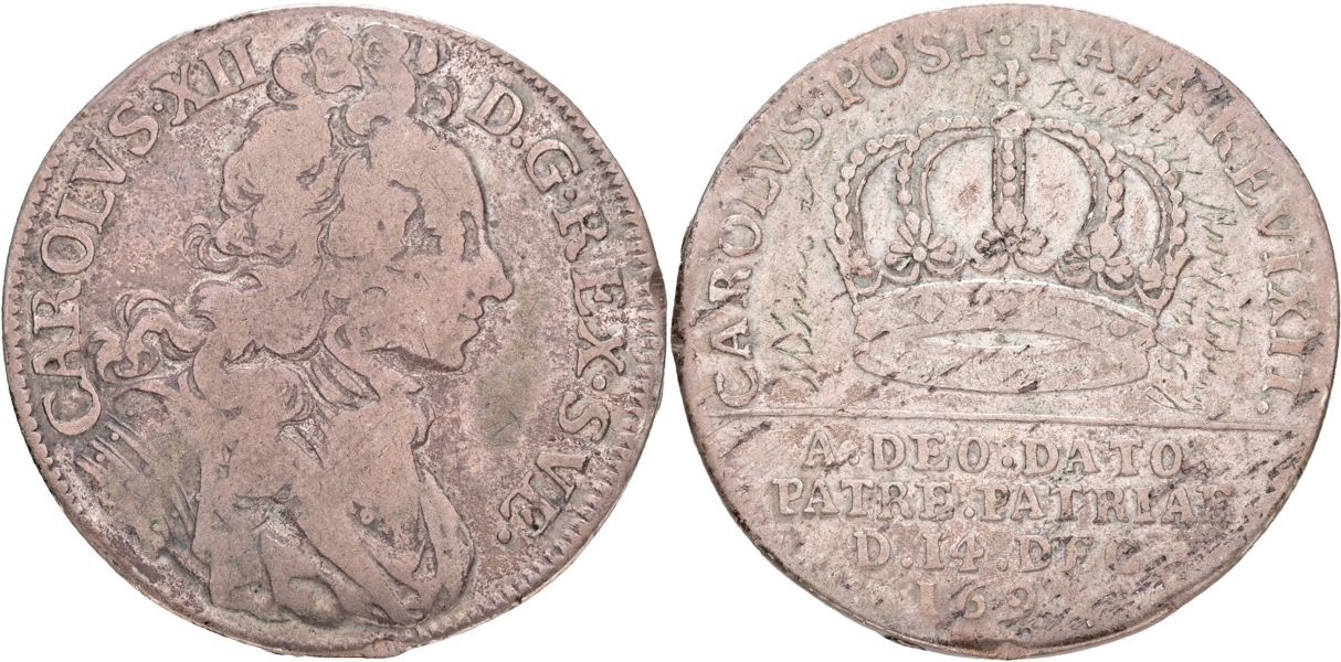KARL XII (1697-1718). 2 mark 1697. Kastmynt till kungens kröning.