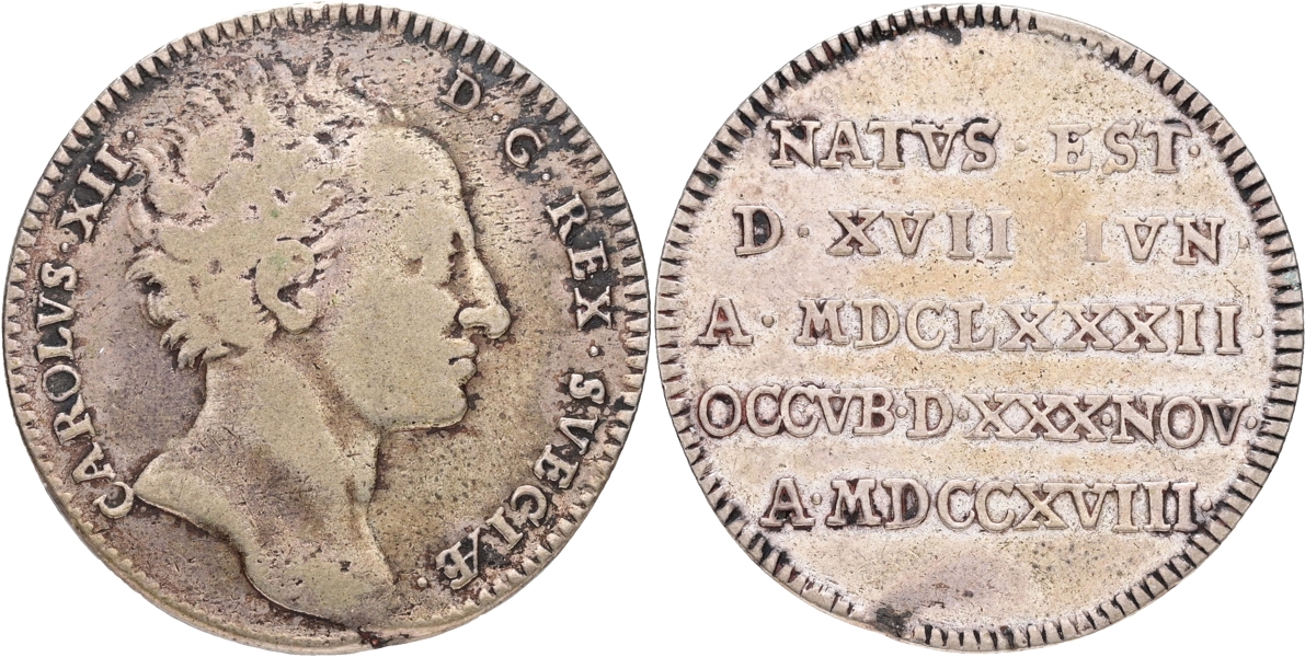 KARL XII (1697-1718). 2 mark 1719. Kastmynt till kungens begravning.